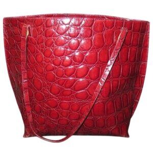 FURLA Vintage Croc Embossed Maroon Red Italian Leather Tote Handbag